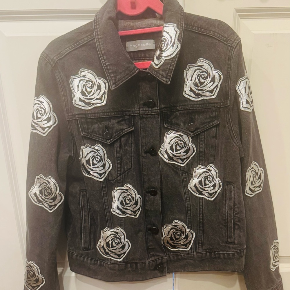 Bagatelle Charcoal Jean Jacket with Metallic Floral Accents